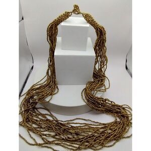 Vintage Handmade Gold Seed Bead w Barrel, Flower Clasp Multistrand Necklace